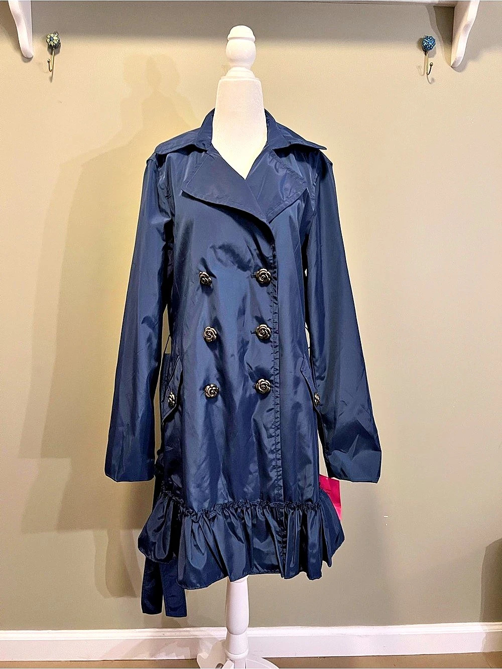 Betsey Johnson Double Breasted Ruffle Hem Trench Coat Navy & Pink Large
